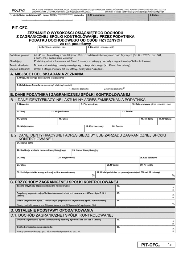 PIT-CFC (2) (archiwalny) (2016-2018) Zeznanie o wysokości osiągniętego dochodu z zagranicznej spółki kontrolowanej przez podatnika podatku dochodowego od osób fizycznych