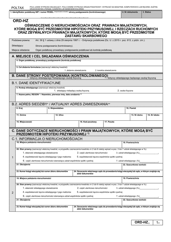ORD-HZ (3) (archiwalny) Oświadczenie o nieruchomościach i prawach majątkowych, które mogą być przedmiotem hipoteki przymusowej i rzeczach ruchomych oraz zbywalnych prawach majątkowych, które mogą być przedmiotem zastawu skarbowego