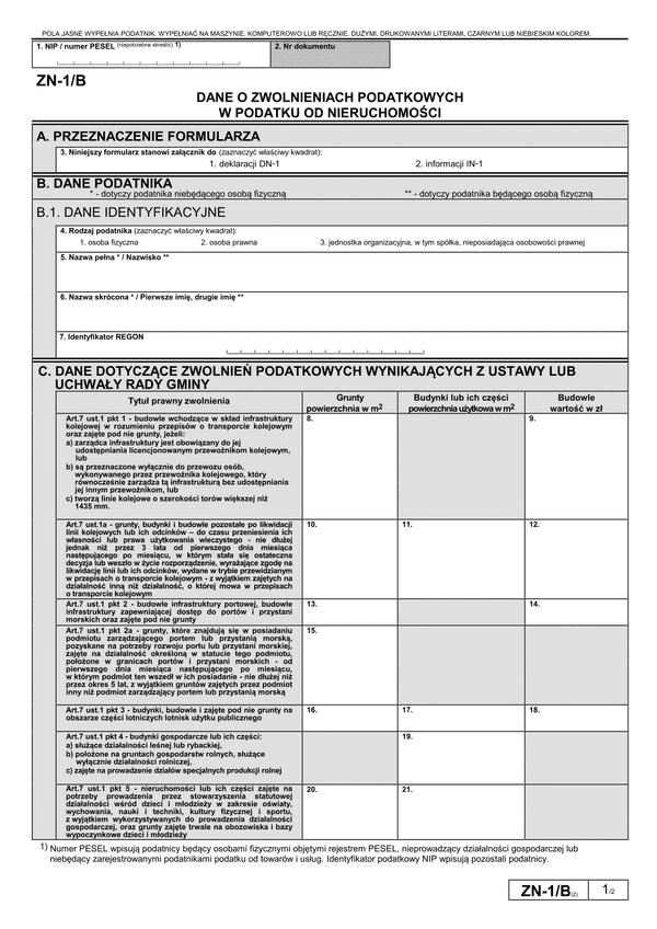 ZN-1/B (2) (archiwalny) Dane o zwolnieniach podatkowych w podatku od nieruchomości