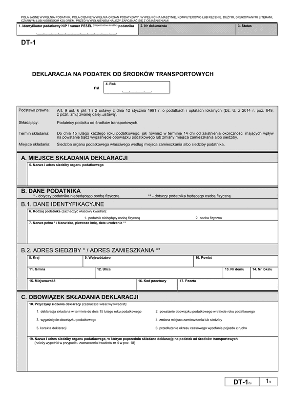 DT-1 (5) (archiwalny) Deklaracja na podatek od środków transportowych
