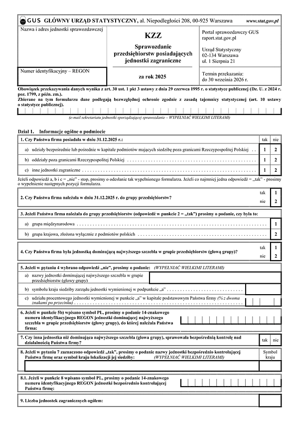 GUS KZZ (2025) Sprawozdanie przedsiębiorstw posiadających jednostki zagraniczne 