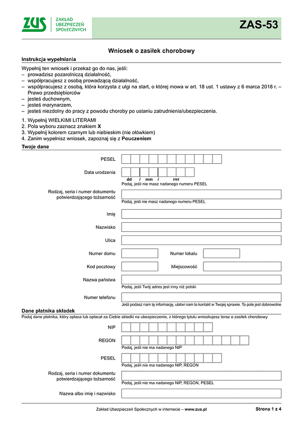 ZUS ZAS-53 Wniosek o zasiłek chorobowy - wersja papierowa