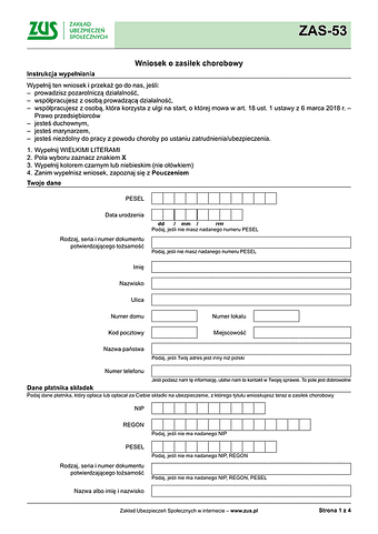 ZUS ZAS-53 Wniosek o zasiłek chorobowy - wersja papierowa