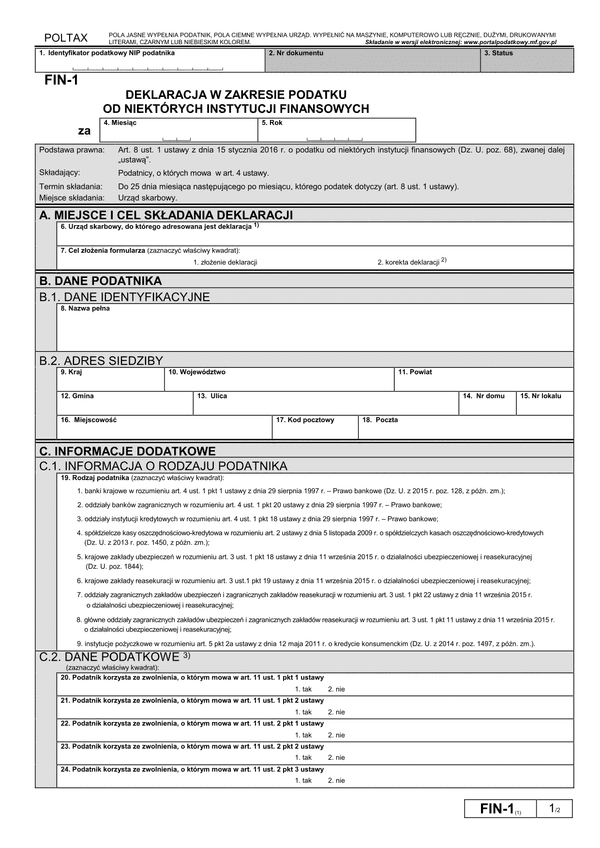 FIN-1 (1) (archiwalny) Deklaracja dla podatku od niektórych instytucji finansowych