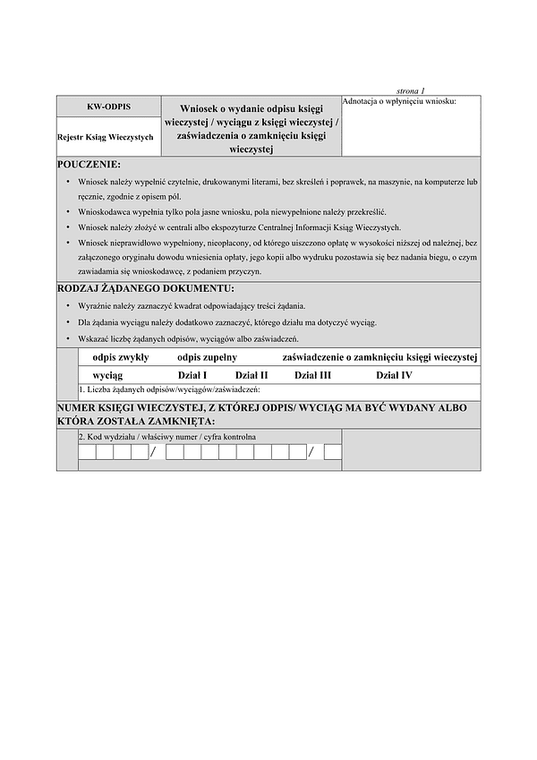 KW-ODPIS Wniosek o wydanie odpisu księgi wieczystej/zaświadczenia o zamknięciu księgi wieczystej