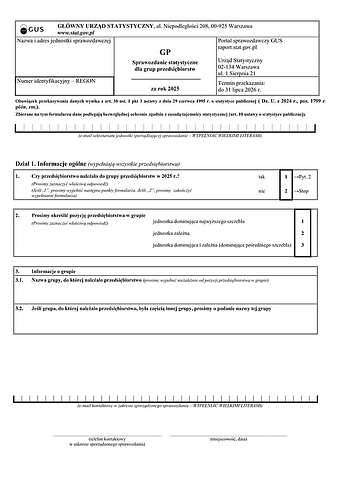 GUS GP (2025) Sprawozdanie statystyczne dla grup przedsiębiorstw za rok 2025