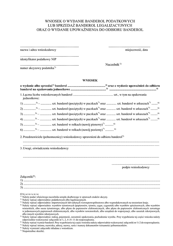 Wniosek o wydanie banderol podatkowych lub sprzedaż banderol legalizacyjnych oraz o wydanie upoważnienia do odbioru banderol