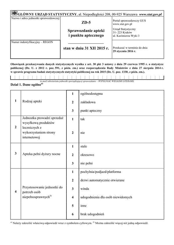 GUS ZD-5 (2015) (archiwalny) Sprawozdanie apteki i punktu aptecznego stan w dniu 31 XII 2015 r.