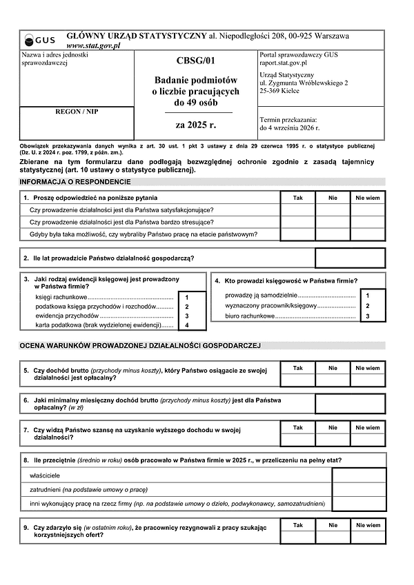 GUS CBSG/01 Badanie podmiotów o liczbie pracujących do 49 osób (2025)