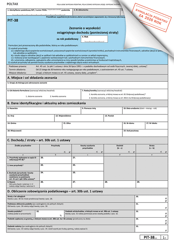 PIT-38 (18) (2026) Zeznanie o wysokości osiągniętego dochodu (poniesionej straty)