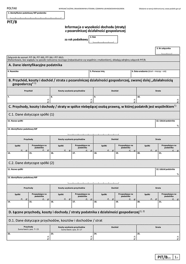 PIT/B (23) (2026) Informacja o wysokości dochodu (straty) z pozarolniczej działalności gospodarczej 