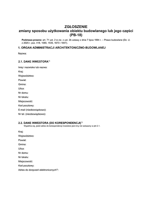 PB-18 Zgłoszenie zmiany sposobu użytkowania obiektu budowlanego lub jego części