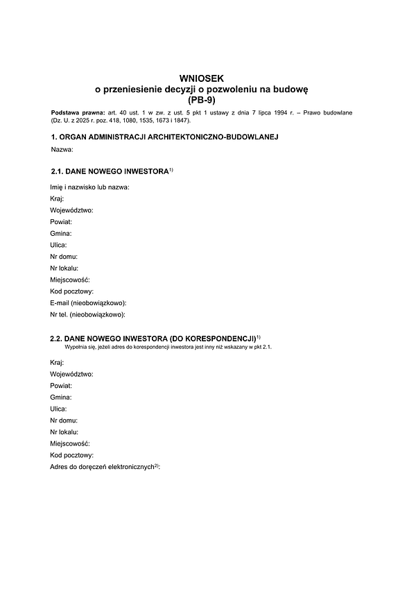PB-9 Wniosek o przeniesienie decyzji o pozwoleniu na budowę