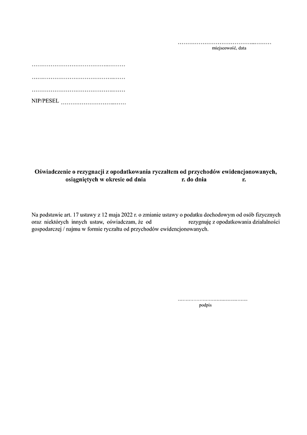 OoRzR Oświadczenie o rezygnacji z opodatkowania ryczałtem od przychodów ewidencjonowanych
