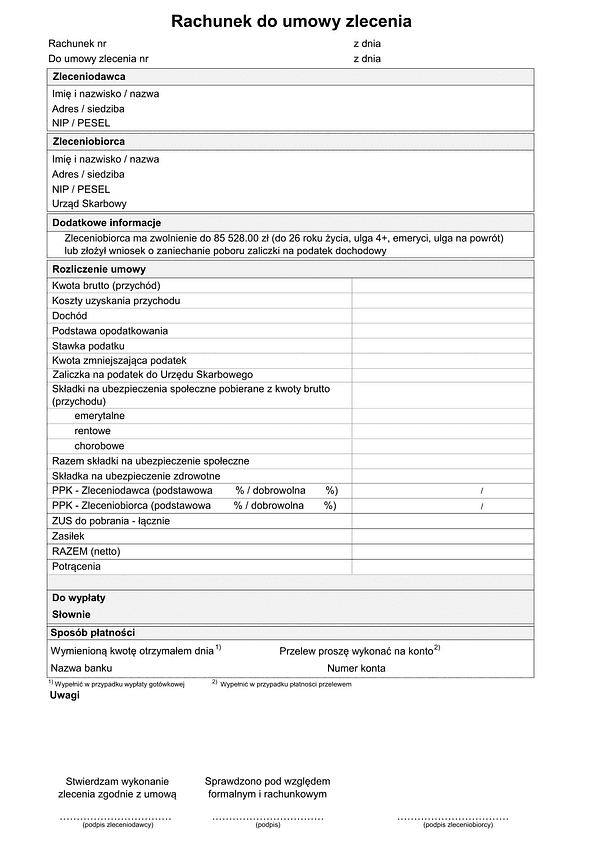 RdUZ (2026) Rachunek do umowy zlecenia (z możliwością zmiany wartości w polu całkowity koszt zleceniodawcy)