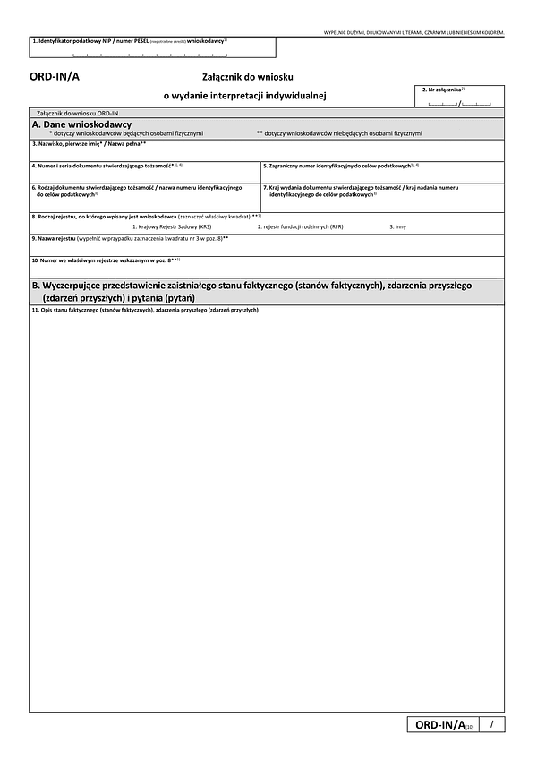 ORD-IN/A (10) Załącznik do wniosku o wydanie interpretacji indywidualnej