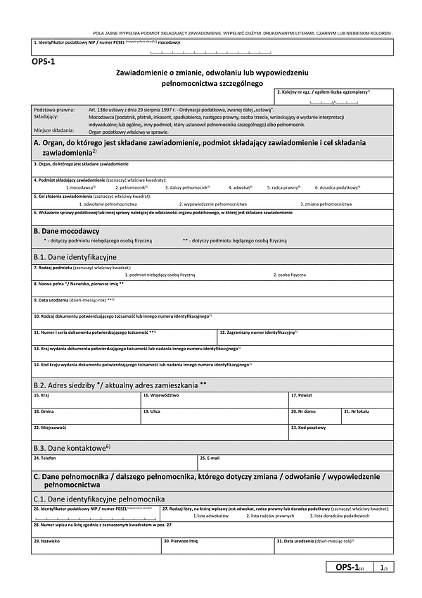 OPS-1 (4) Zawiadomienie o odwołaniu/wypowiedzeniu/zmianie pełnomocnictwa szczególnego