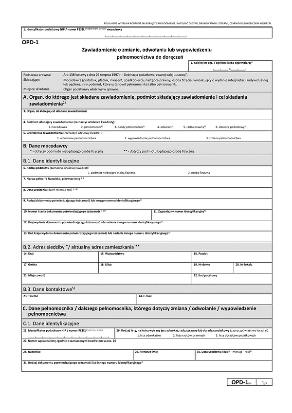 OPD-1 (4) Zawiadomienie o odwołaniu/wypowiedzeniu/zmianie pełnomocnictwa do doręczeń