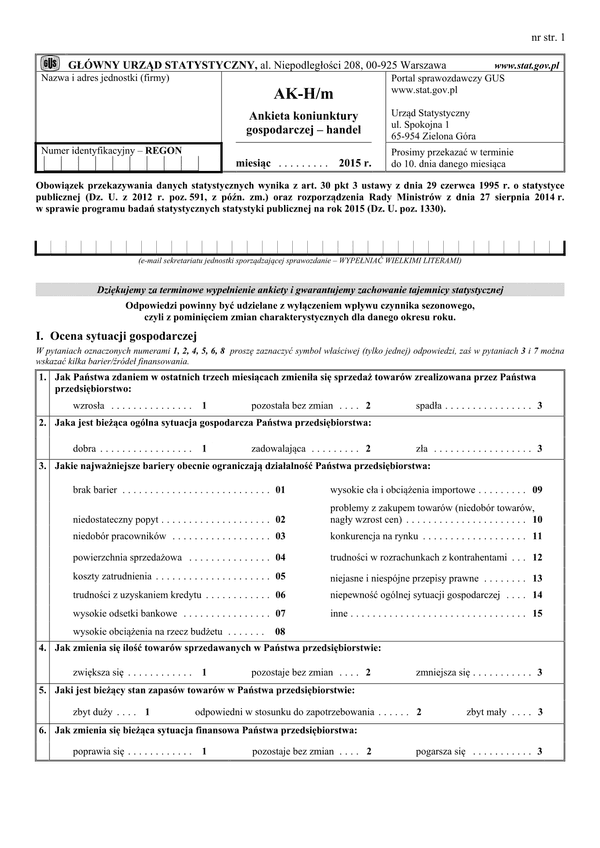 GUS AK-H/m (archiwalny) (2015) Ankieta koniunktury gospodarczej - handel