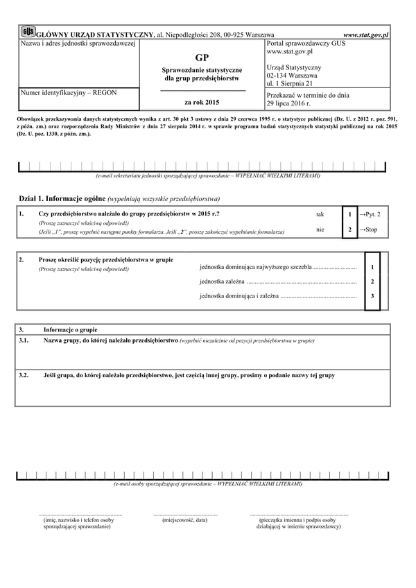 GUS GP (2015) (archiwalny) Sprawozdanie statystyczne dla grup przedsiębiorstw