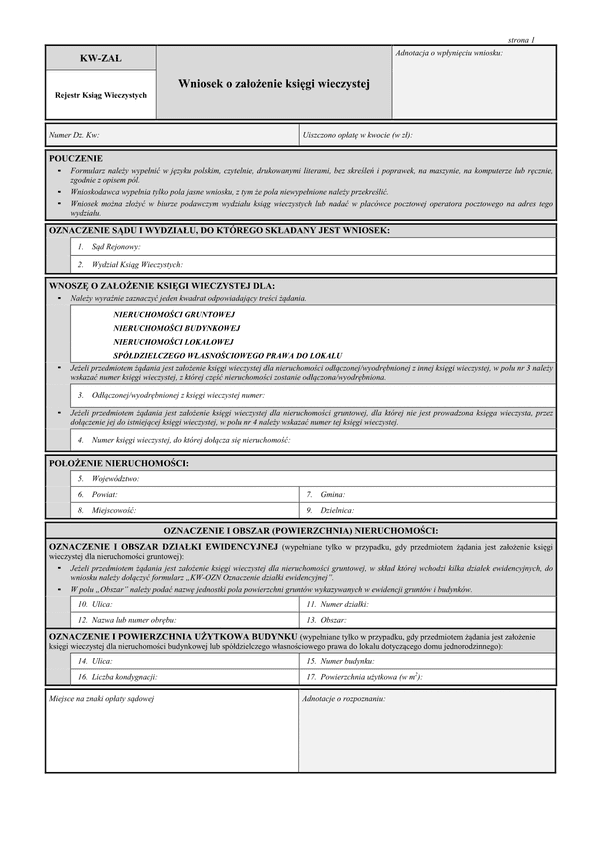 KW-ZAL (od VII 2016) (archiwalny) Wniosek o założenie księgi wieczystej