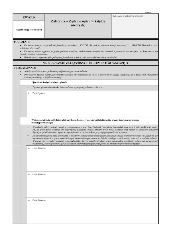 KW-ZAD (od VII 2016) Załącznik – Żądanie wpisu w księdze wieczystej