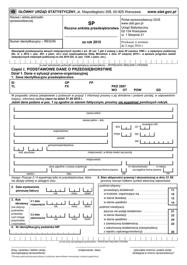 GUS SP (2015) (archiwalny) Roczna ankieta przedsiębiorstwa za rok 2015