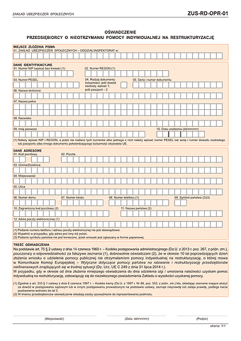 ZUS-RD-OPR-01 Oświadczenie przedsiębiorcy o nieotrzymaniu pomocy indywidualnej na restrukturyzację