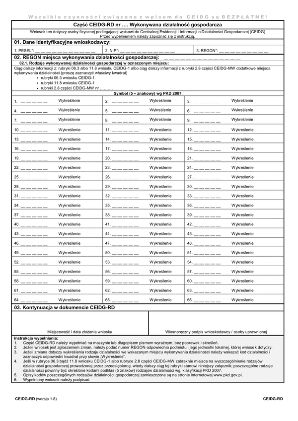 CEIDG-RD (1.08) (archiwalny) Wykonywana działalność gospodarcza