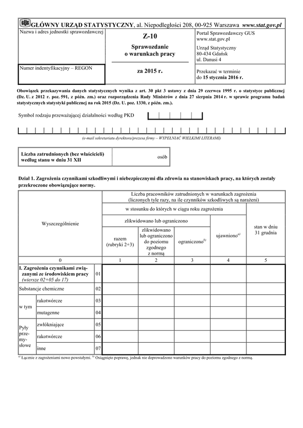 GUS Z-10 (2015) (archiwalny) Sprawozdanie o warunkach pracy za 2015 rok