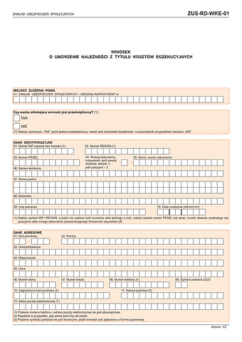ZUS-RD-WKE-01 Wniosek o udzielenie ulgi lub odstąpienie od żądania zwrotu należności z tytułu nienależnie pobranych świadczeń
