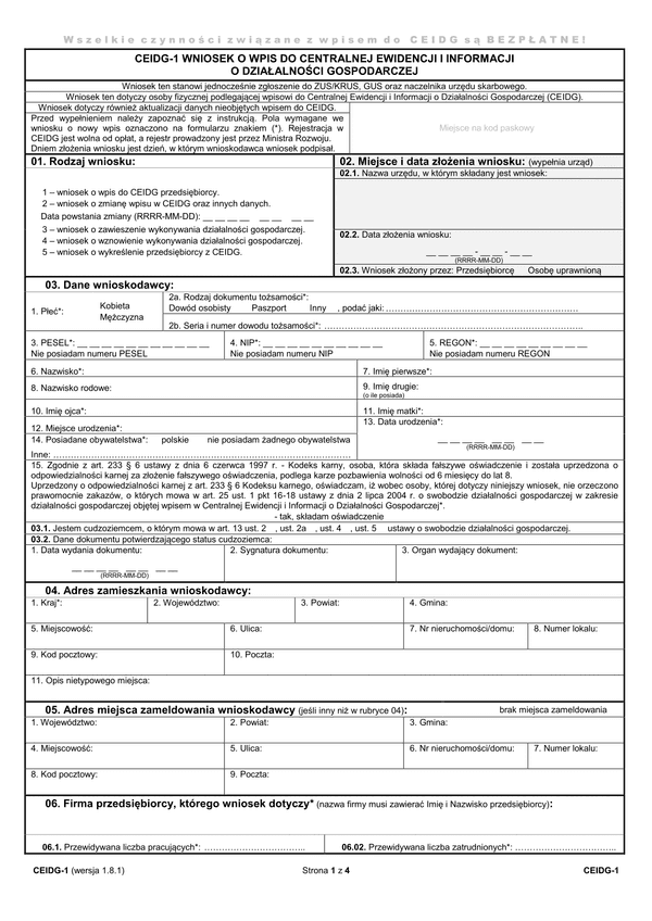 CEIDG-1 (1.8.1) (archiwalny) Wniosek o wpis do centralnej ewidencji i informacji o działalności gospodarczej