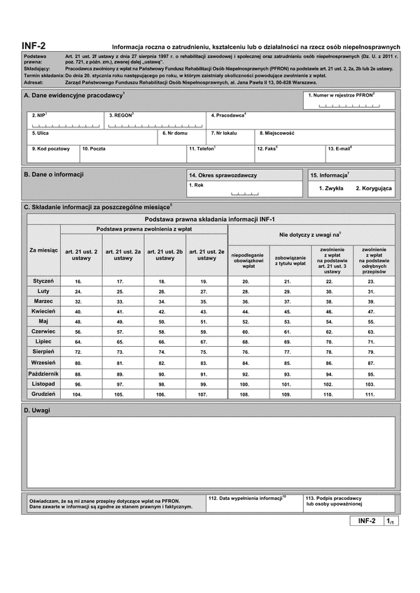 PFRON INF-2 (archiwalny) Informacja roczna o zatrudnieniu, kształceniu lub o działalności na rzecz osób niepełnosprawnych