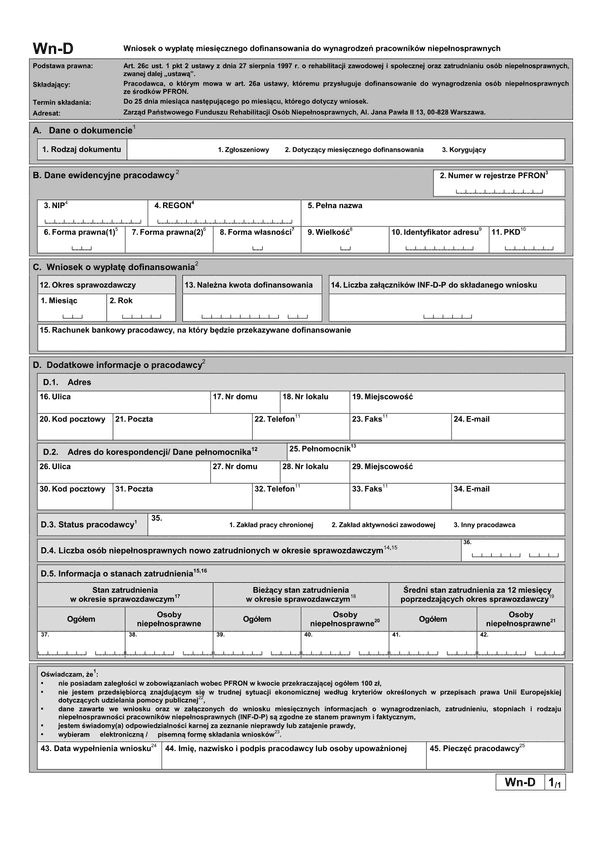 PFRON Wn-D (od VII 2016) (archiwalny) Wniosek o wypłatę miesięcznego dofinansowania do wynagrodzeń pracowników niepełnosprawnych