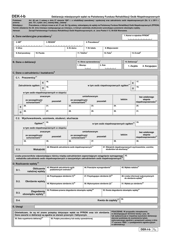 PFRON DEK-I-b (archiwalny) Deklaracja miesięcznych wpłat na Państwowy Fundusz Rehabilitacji Osób Niepełnosprawnych