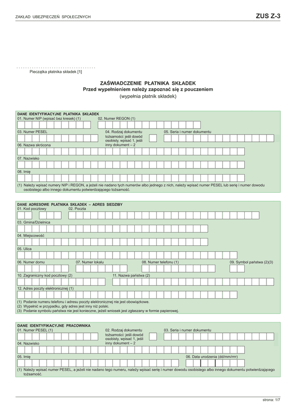 ZUS Z-3  (archiwalny) Zaświadczenie płatnika składek