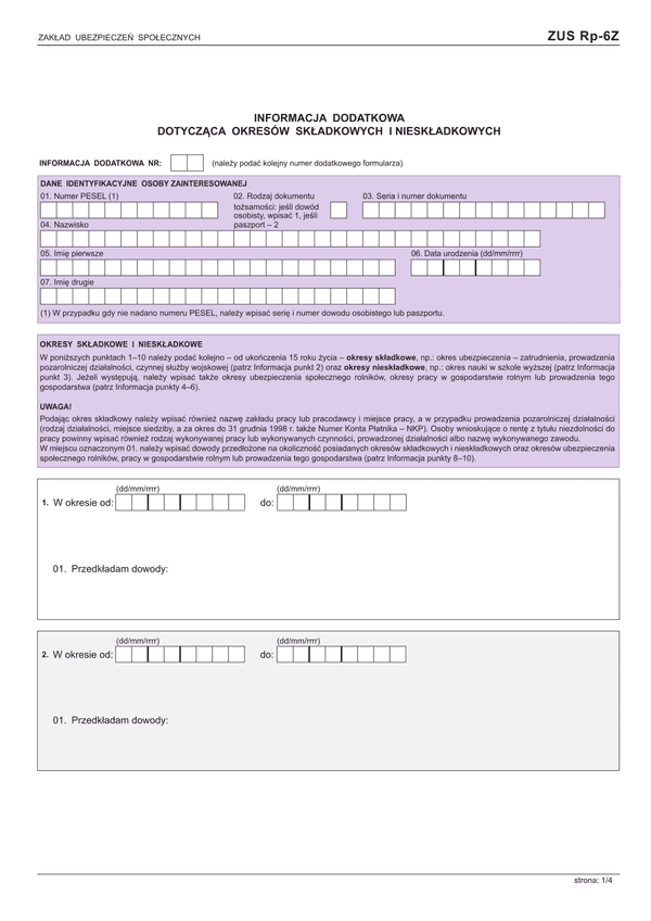 ZUS RP-6Z (archiwalny) Informacja dodatkowa dotycząca okresów składkowych i nieskładkowych