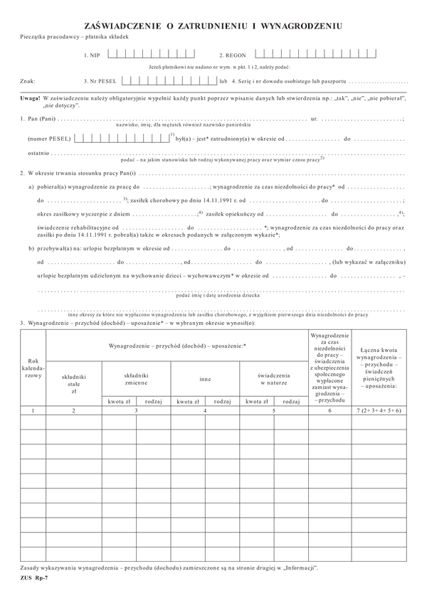 ZUS RP-7 (archiwalny) Zaświadczenie o zatrudnieniu i wynagrodzeniu