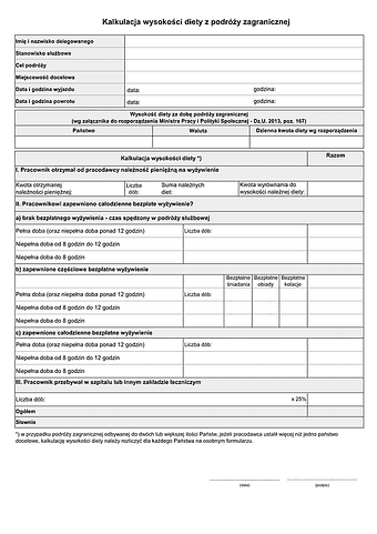 KWDZ Kalkulacja wysokości diety z podróży zagranicznej