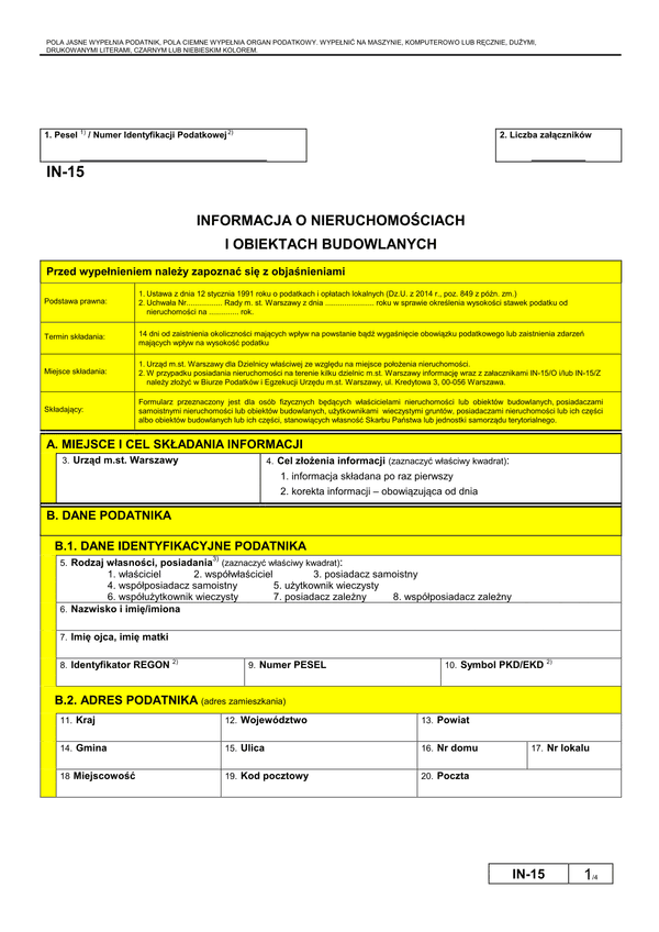 IN-15 (archiwalny) Informacja o nieruchomościach i obiektach budowlanych (Warszawa)