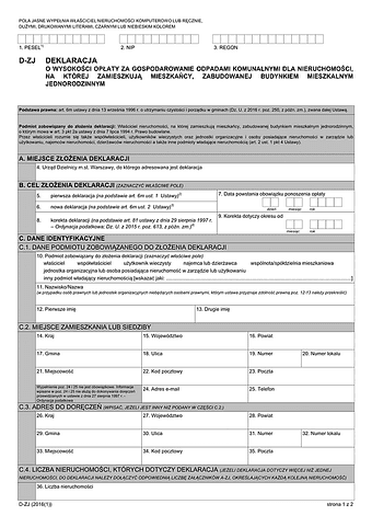D-ZJ Deklaracja o wysokości opłaty za gospodarowanie odpadami komunalnymi dla nieruchomości, na której zamieszkują mieszkańcy, zabudowanej budynkiem mieszkalnym jednorodzinnym (Warszawa)