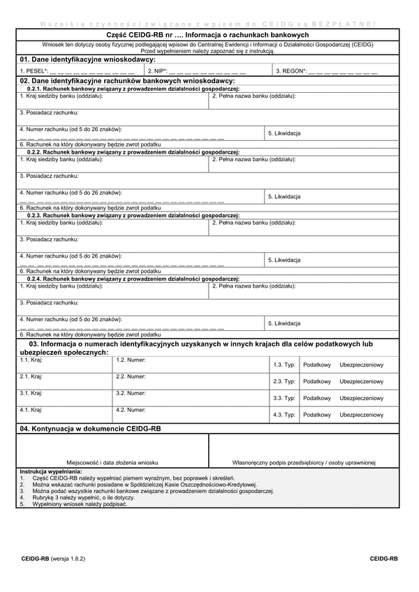 CEIDG-RB (1.8.2) (archiwalny) Informacja o rachunkach bankowych