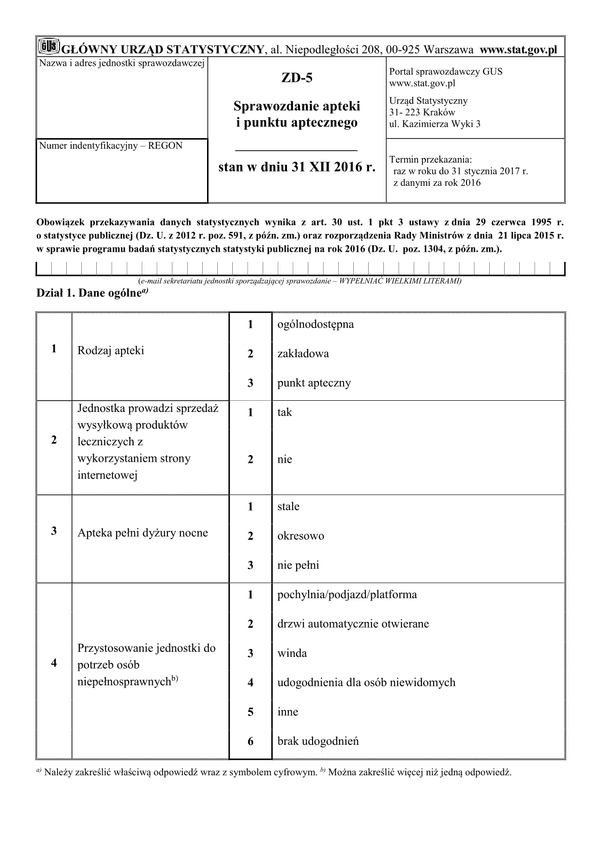 GUS ZD-5 (2016) (archiwalny) Sprawozdanie apteki i punktu aptecznego stan w dniu 31 XII 2016 r.