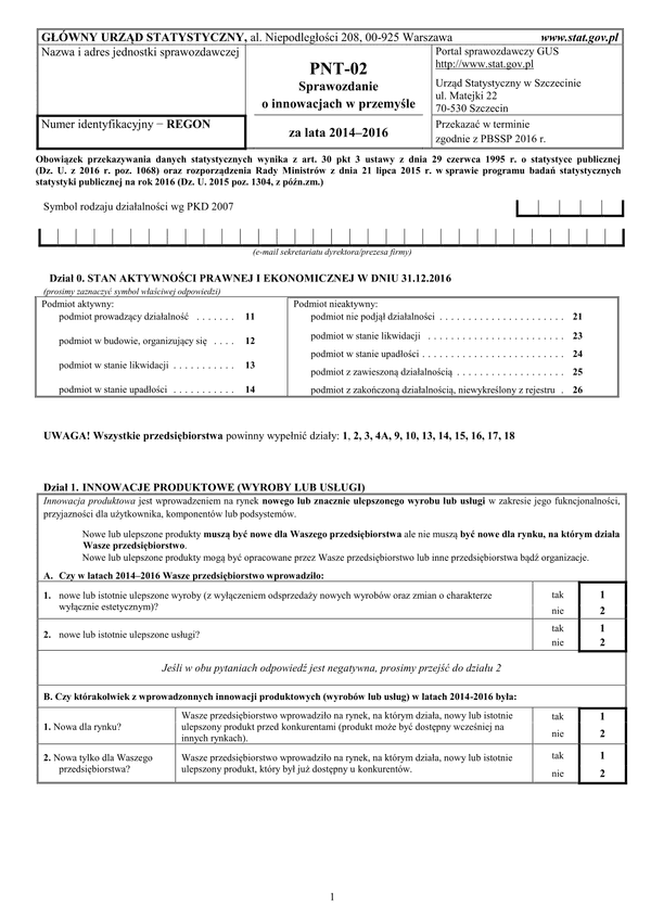 GUS PNT-02 (archiwalny) (2014-2016) Sprawozdanie o innowacjach w przemyśle za lata 2014–2016