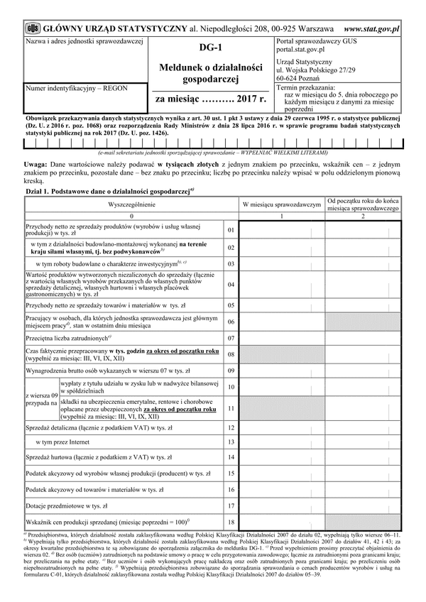 GUS DG-1 (2017) (archiwalny) Meldunek o działalności gospodarczej