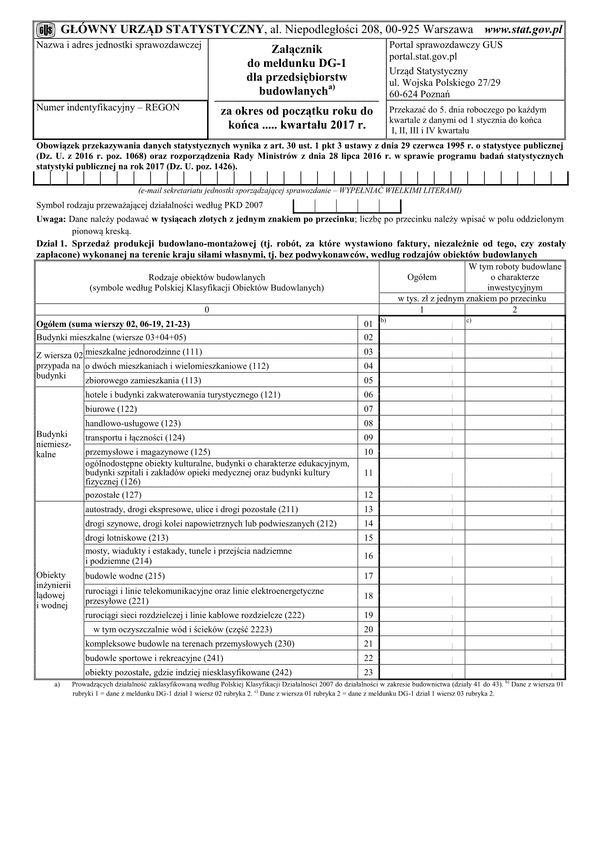 GUS DG-1 ZAŁ (2017) (archiwalny) Załącznik do meldunku DG-1 dla przedsiębiorstw budowlanych