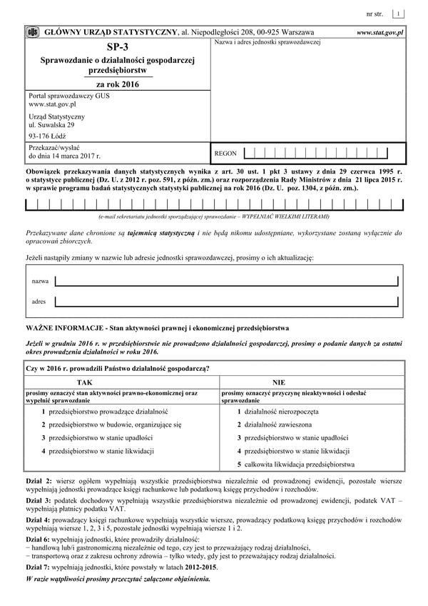 GUS SP-3 (2016) (archiwalny) Sprawozdanie o działalności gospodarczej przedsiębiorstw za rok 2016