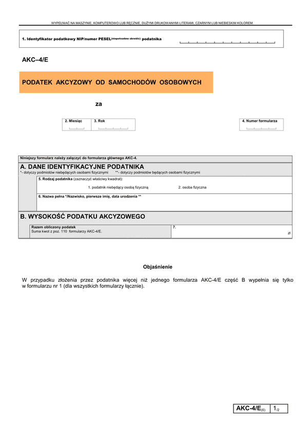 AKC–4/E (6) (archiwalny) Podatek akcyzowy od samochodów osobowych