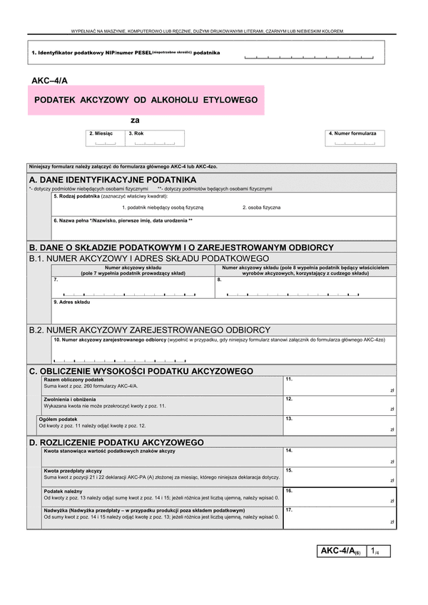 AKC-4/A (6) (archiwalny) Podatek akcyzowy od alkoholu etylowego