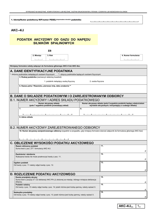 AKC-4/J (6) (archiwalny) Podatek akcyzowy od gazu do napędu silników spalinowych